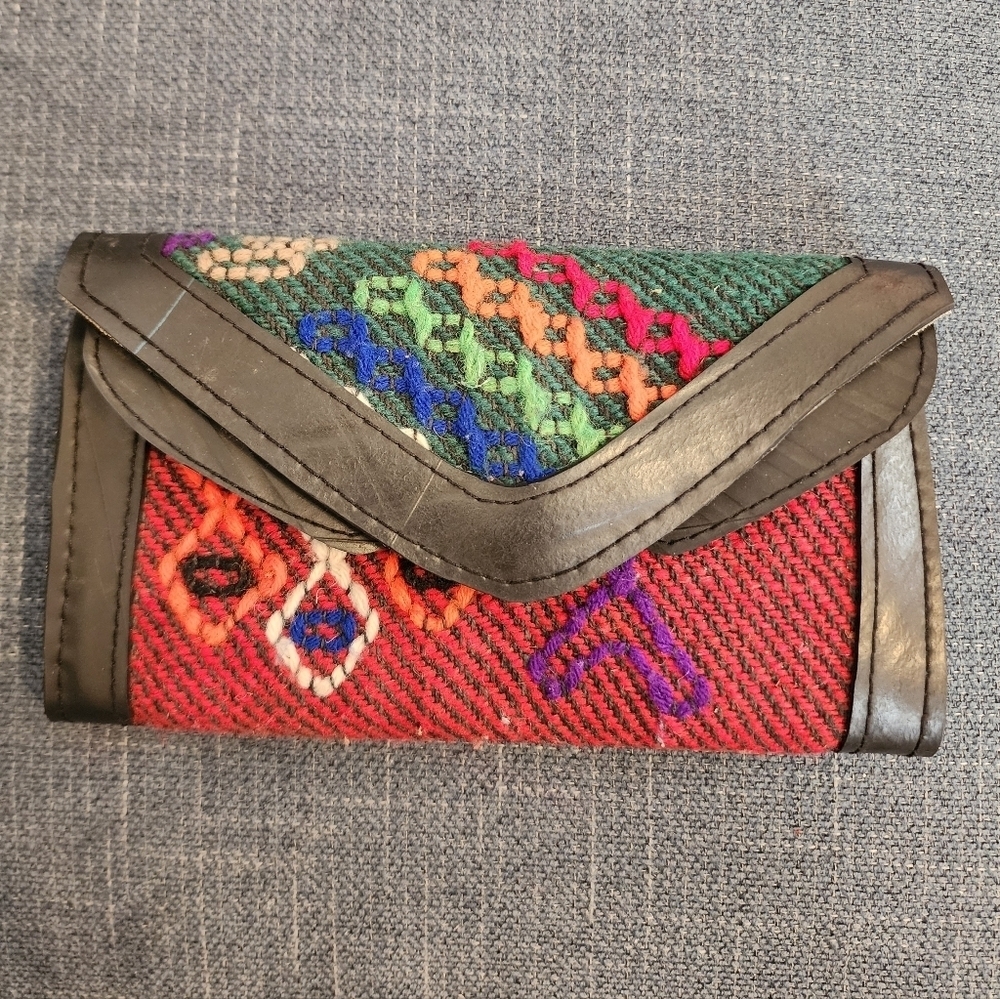 Boho Woven Leather Wallet Clutch Multicolor Festival Wristlet